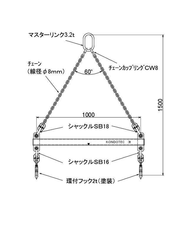 超お買い得！】 コンドーテック KT吊てんびん 3t用1M セット品 035A3TB0301FS 1S  385-2179